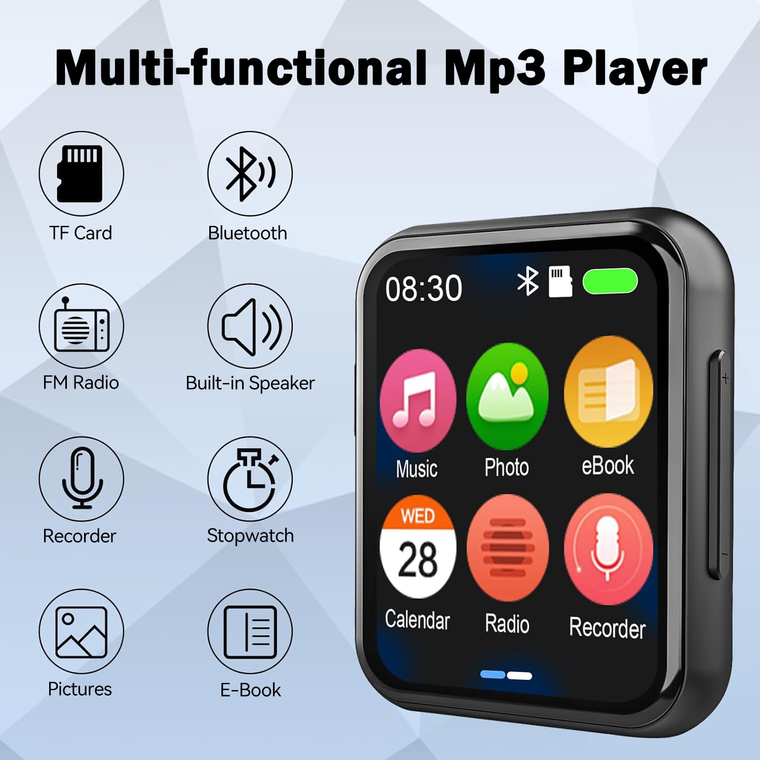 Lecteur MP3 AiMoonsa (Modèle: D30) avec Bluetooth 5.3, Lecteur de musique numérique portable sans perte avec haut-parleur intégré, écran tactile intégral de 2,0 pouces, son HiFi, radio FM, enregistreur vocal, écouteurs inclus