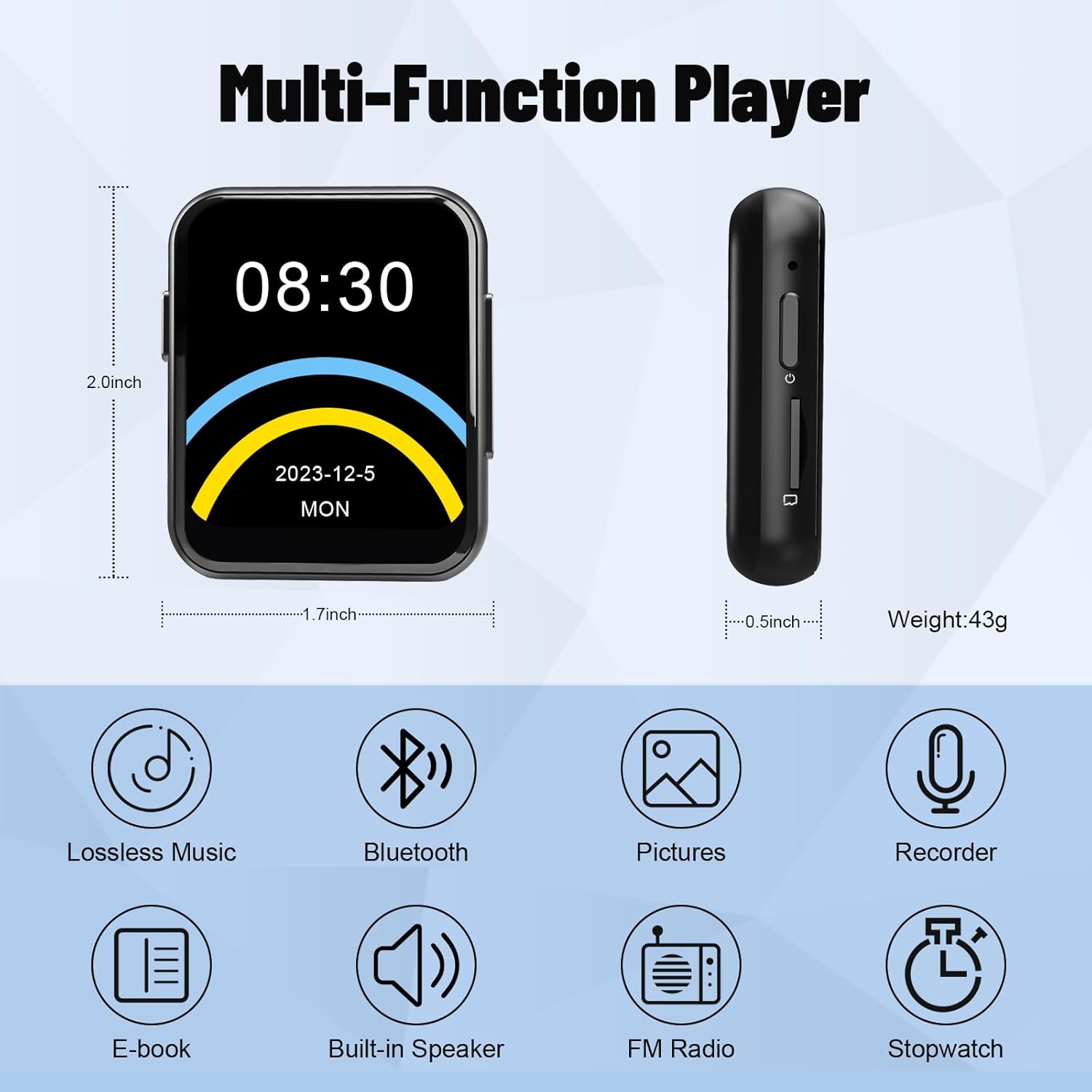 Lecteur MP3 AiMoonsa (Modèle: D30) avec Bluetooth 5.3, Lecteur de musique numérique portable sans perte avec haut-parleur intégré, écran tactile intégral de 2,0 pouces, son HiFi, radio FM, enregistreur vocal, écouteurs inclus